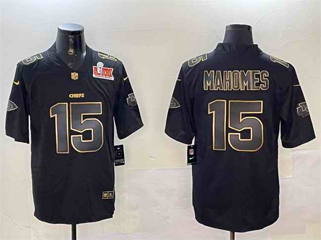 Men's Kansas City Chiefs #15 Patrick Mahomes Black/Gold 2025 Super Bowl LIX Patch Vapor Limited Stitched Football Jersey